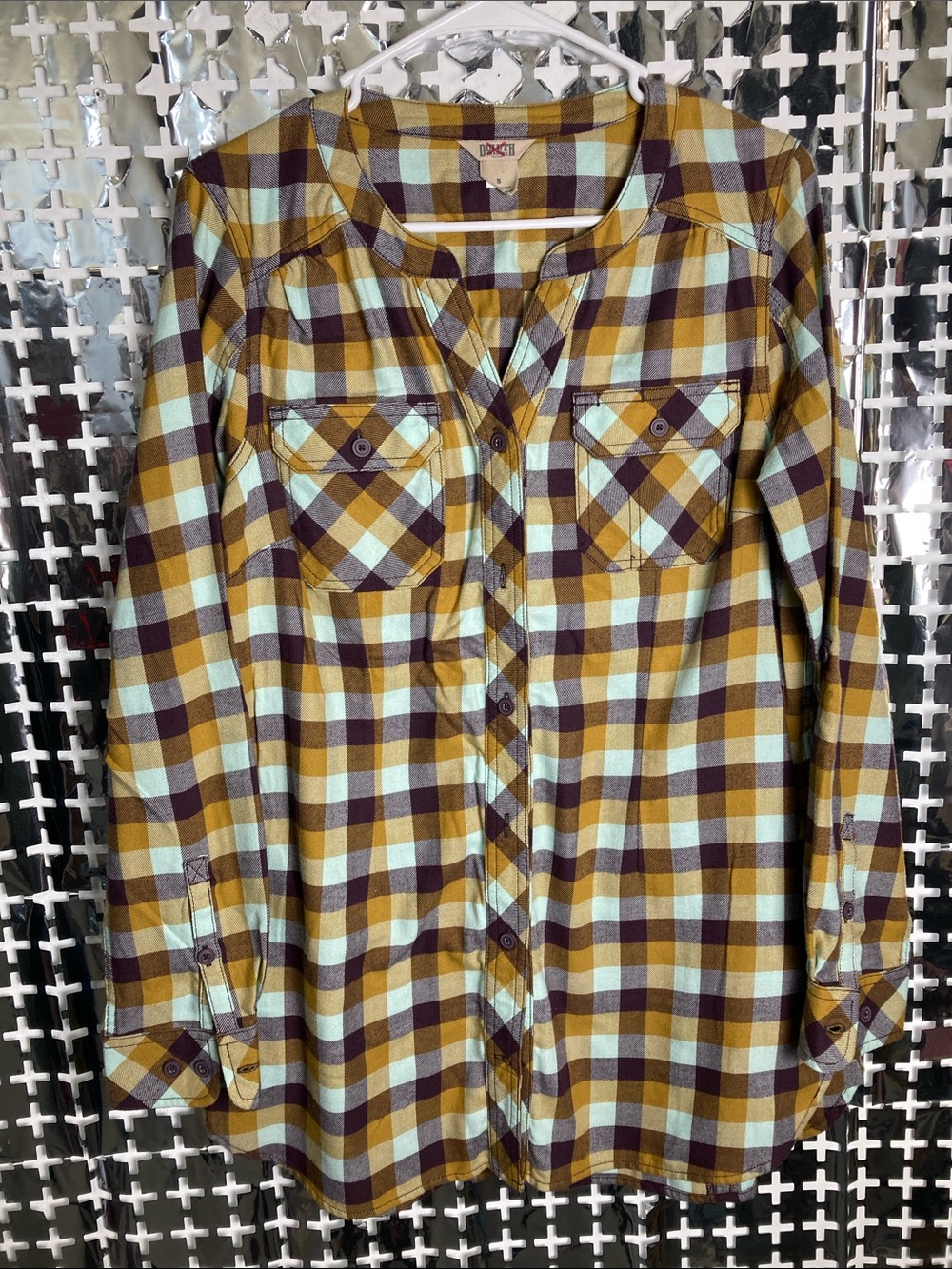 Duluth Trading Co Yellow, Brown & Light Blue Plaid Women's Tunic